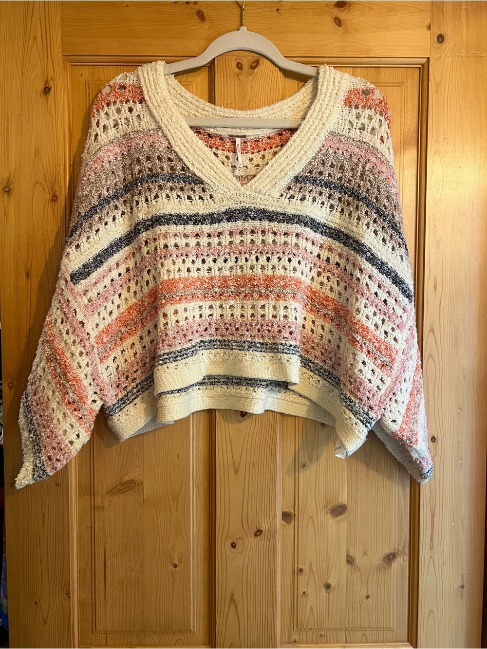 FREE PEOPLE Women’s Cream Open-Knit V-Neck Stripe Sweater